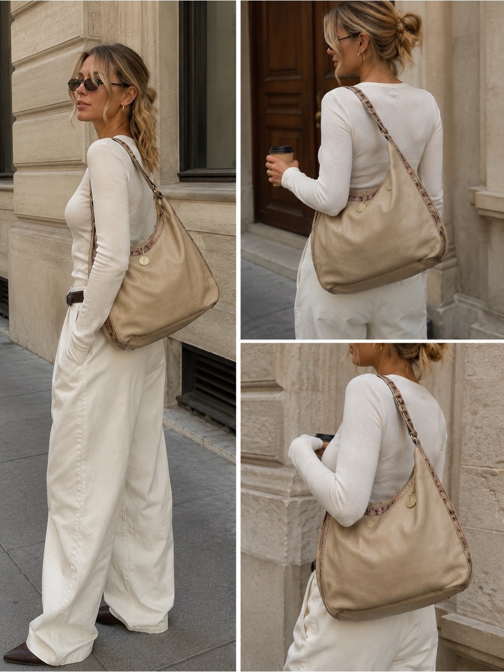 Vintage Brahmin Beige Leather Hobo Shoulder Bag Croc Trim Quiet Luxury